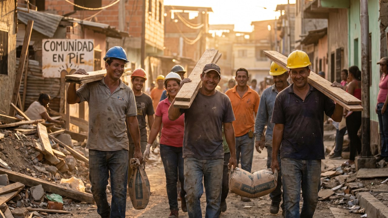 Comunidad venezolana trabajando en reconstrucción con materiales, luz dorada