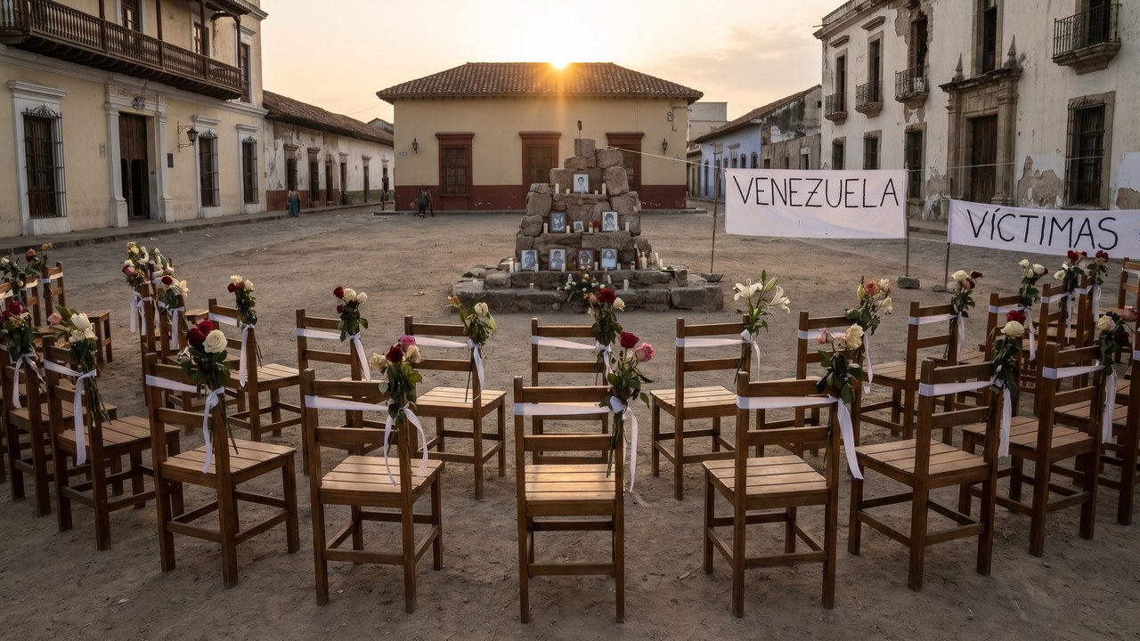 Sillas vacías con flores en memorial de víctimas del terremoto de Venezuela