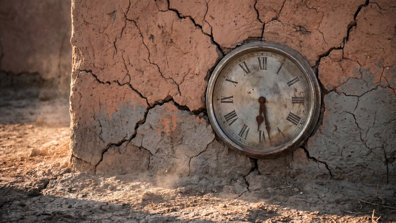 Reloj analógico entre grietas en una pared de tierra — imagen conceptual 180 días