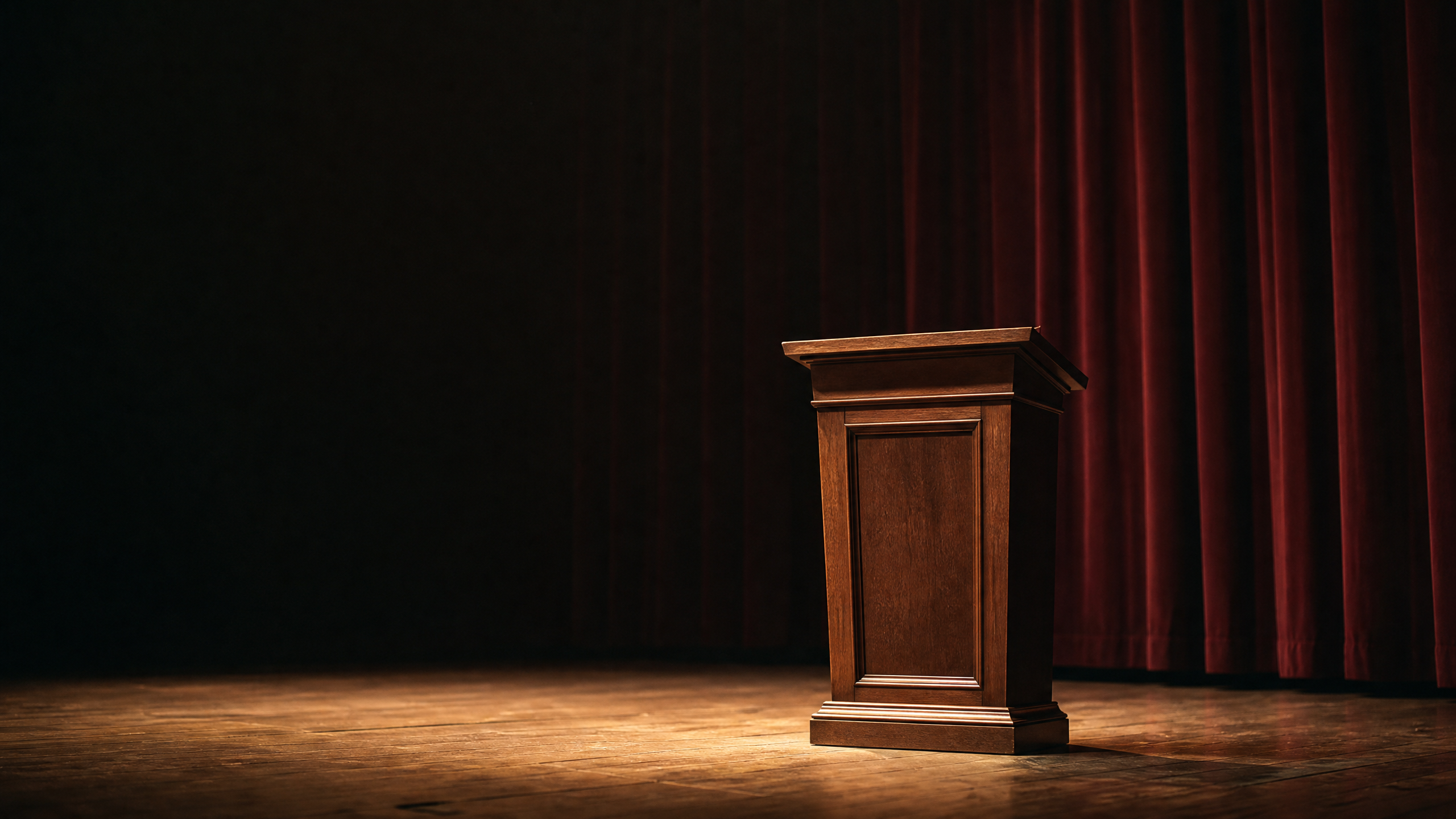 Atril vacío con cortinas teatrales para la columna de Maigualida Gamero sobre la estructura dramática del discurso.