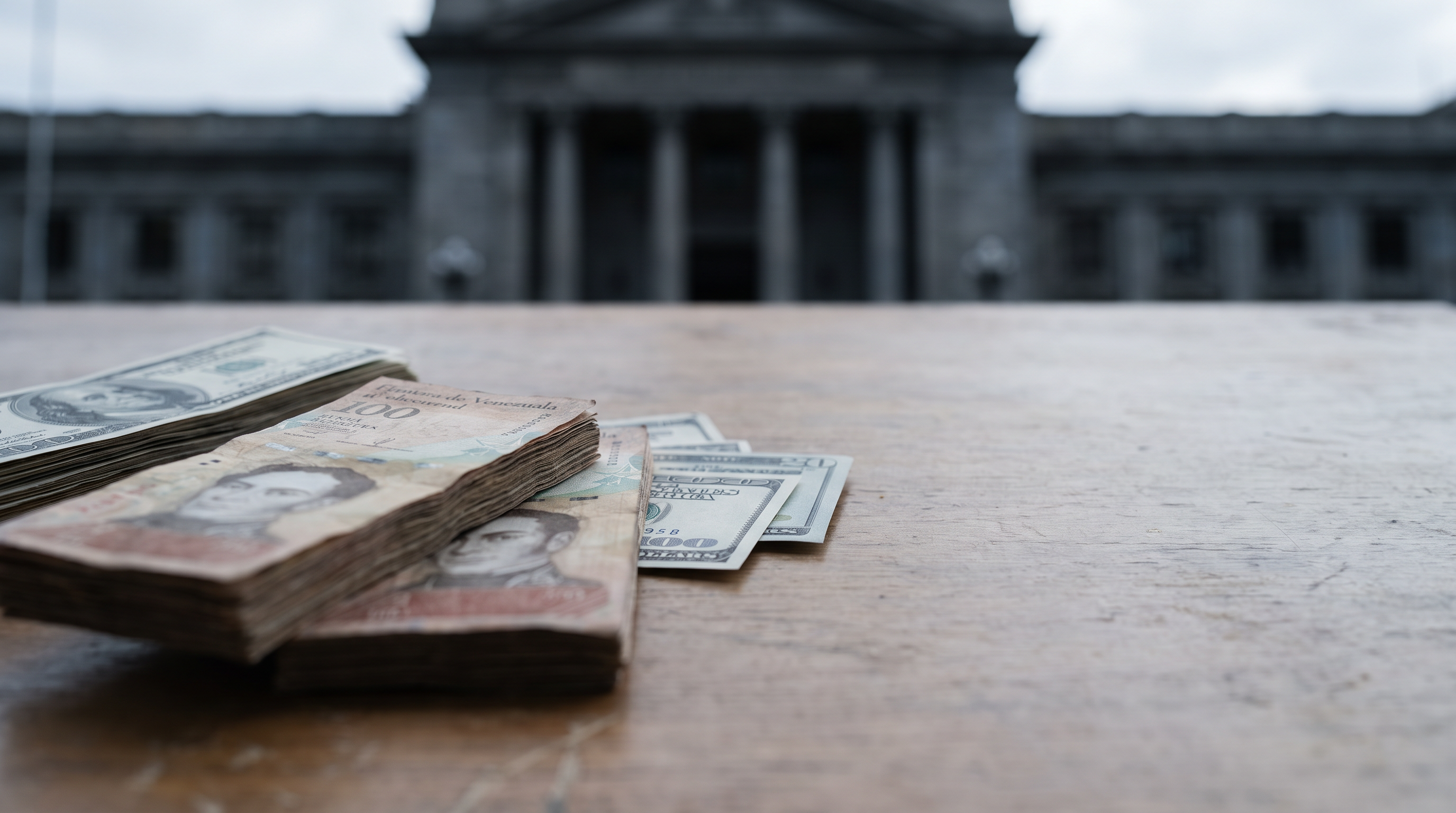 Billetes sin datos legibles ante una fachada institucional, como imagen editorial sobre política monetaria.