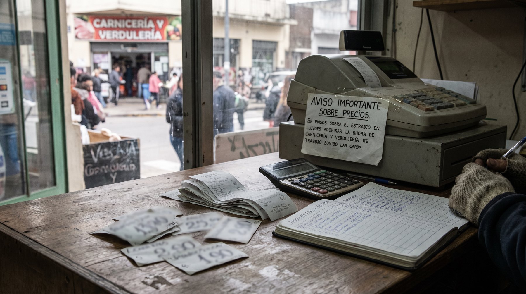 Recibos, inventario y calculadora en pequeño comercio, imagen editorial sobre precios