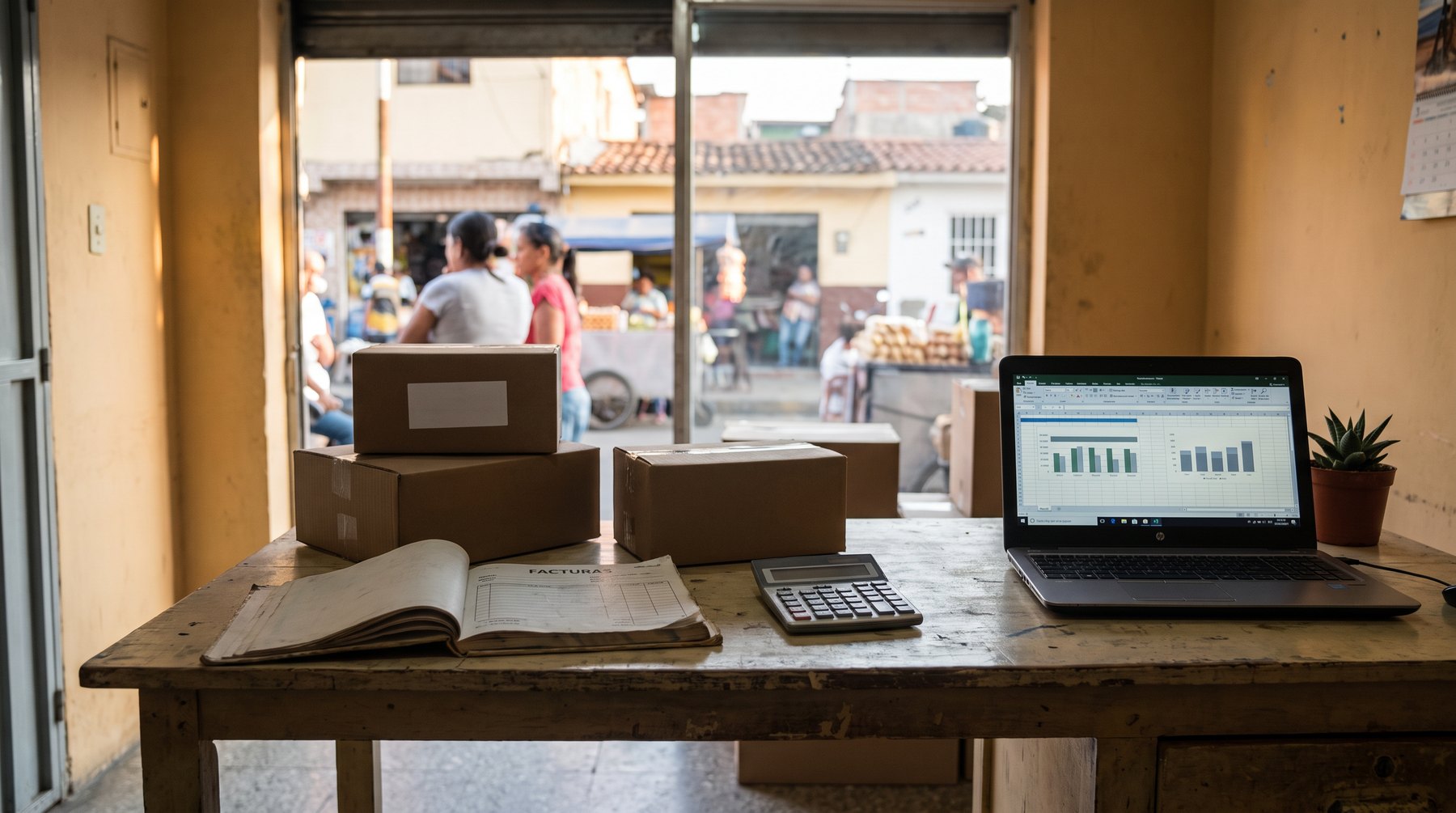 Mesa de trabajo de pequeño negocio, imagen editorial sobre emprendimiento establecido