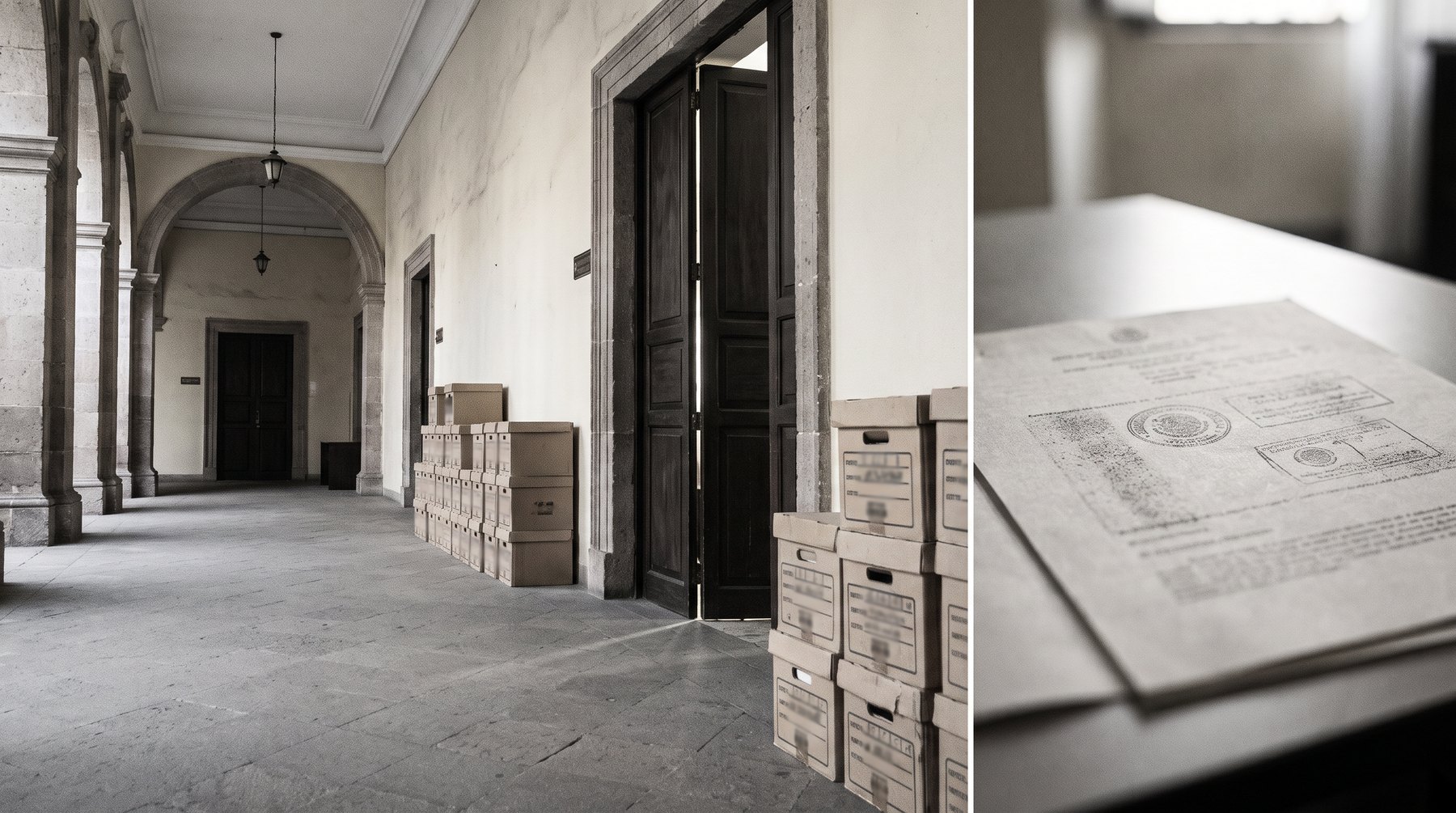 Pasillo cívico y expedientes legales, imagen editorial sobre amnistía y libertad restringida