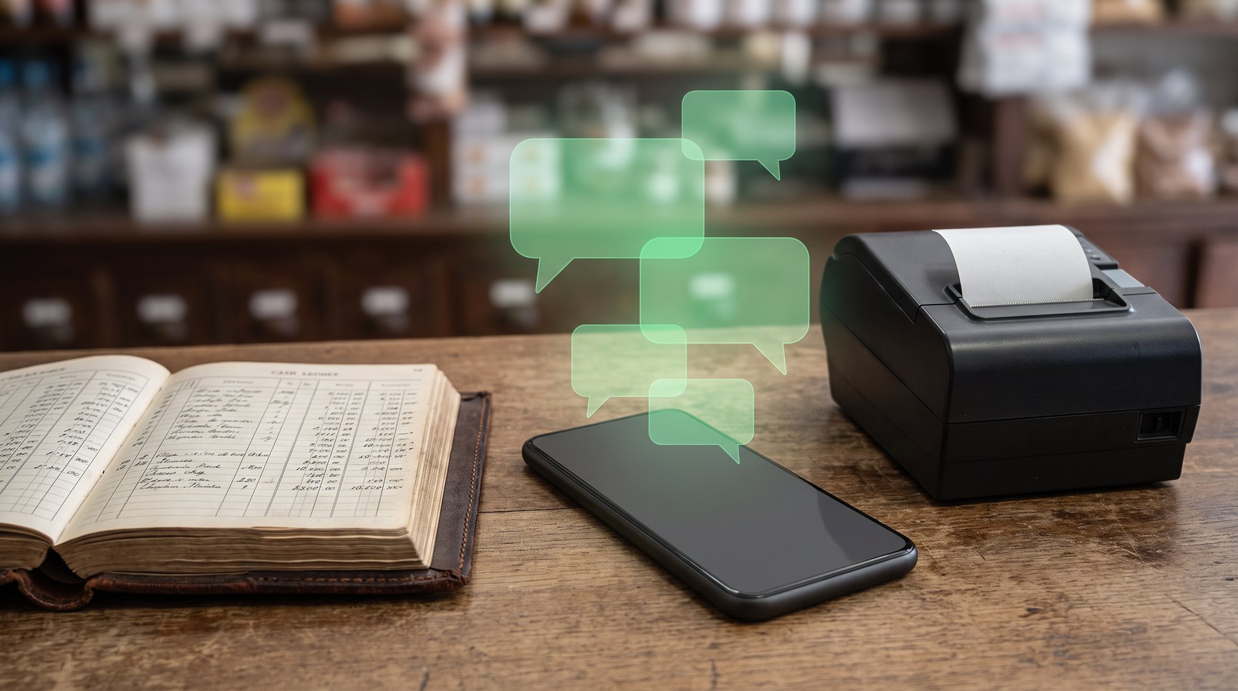 Teléfono, recibos y libreta de comercio, imagen editorial sobre dependencia digital