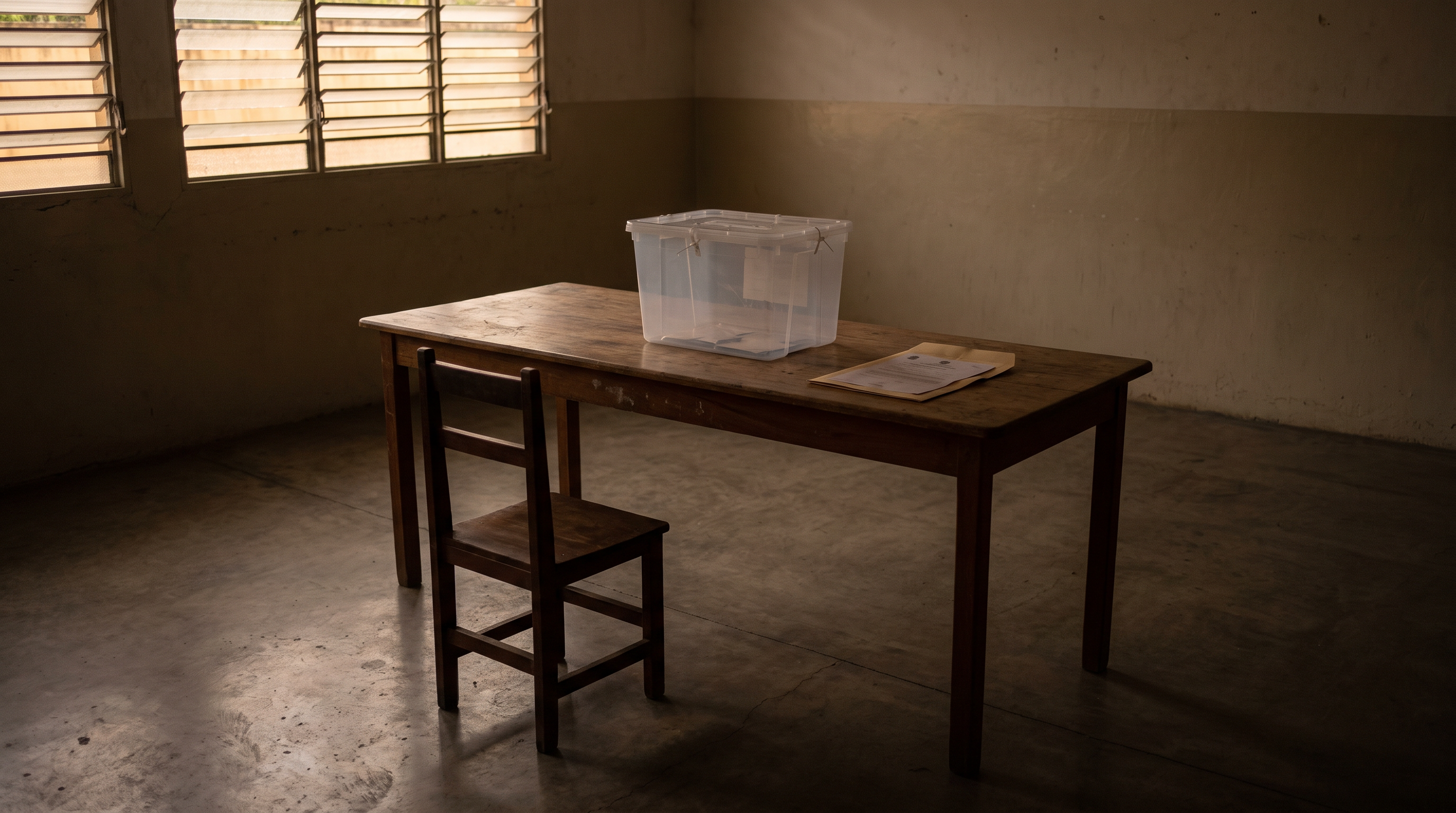 Centro de votación vacío con una mesa, acta electoral y luz al atardecer.
