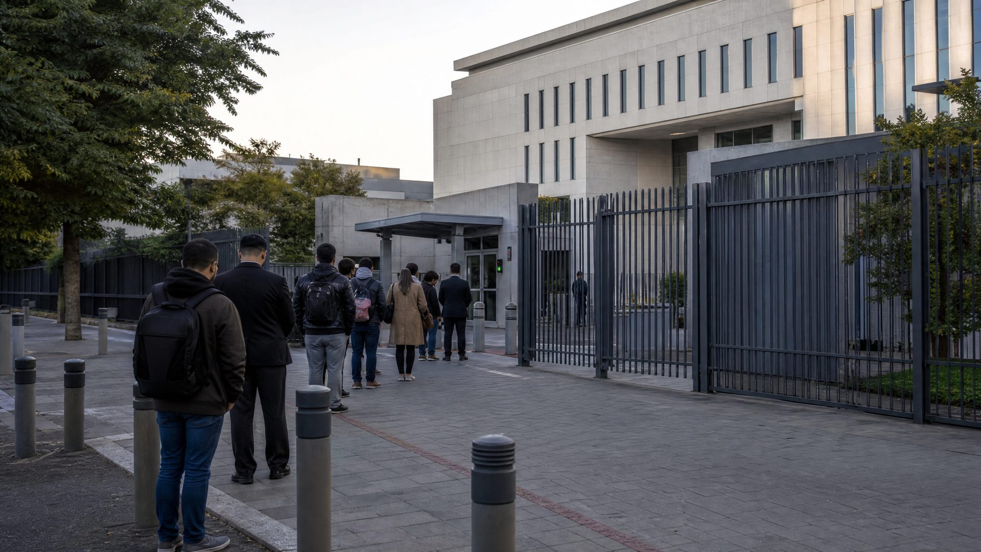 de un consulado, una fila de solicitantes o un pasaporte. No mostrar documentos con datos legibles.