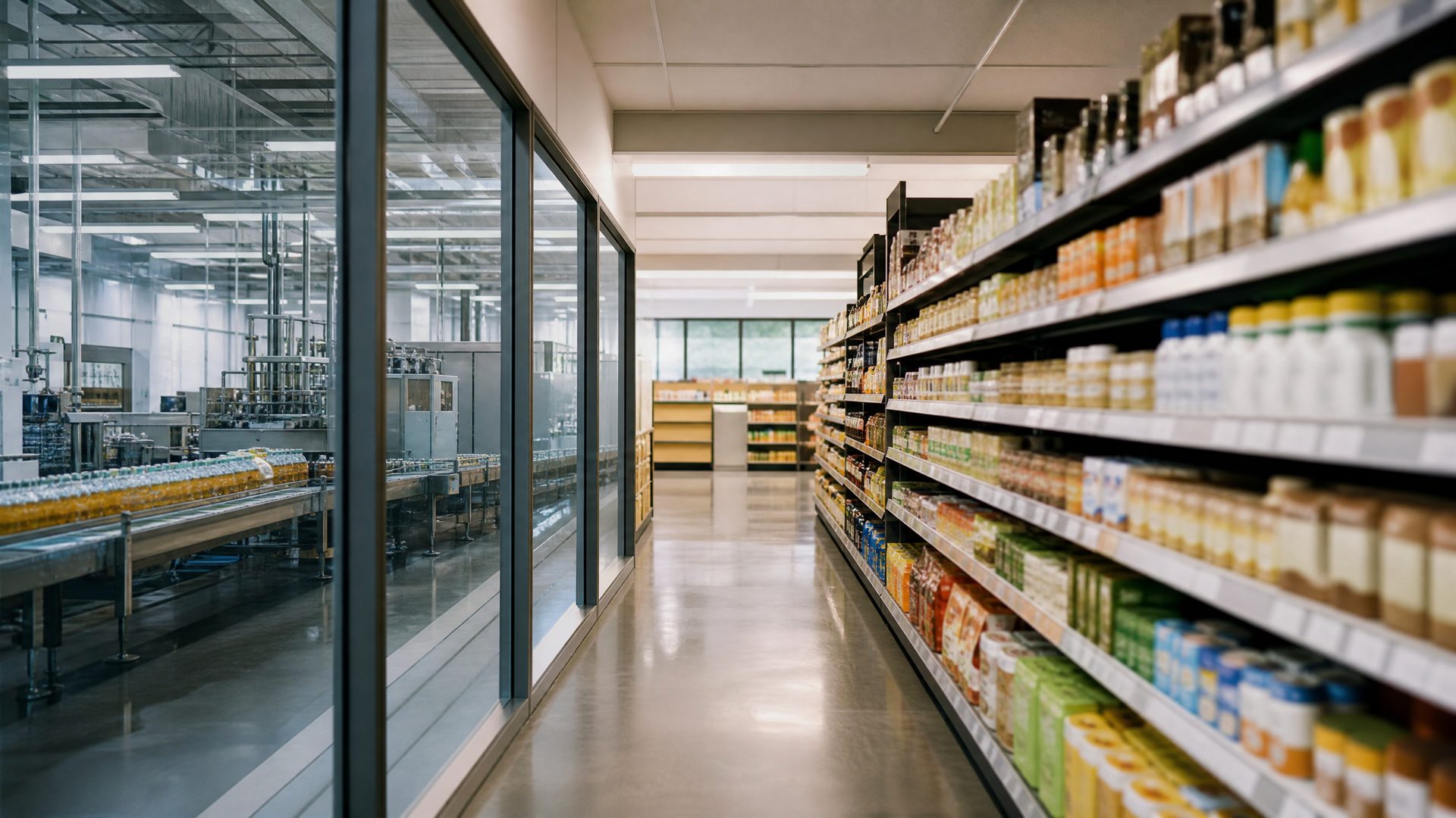 de una planta industrial o de un anaquel de supermercado sin marcas identificables en primer plano.