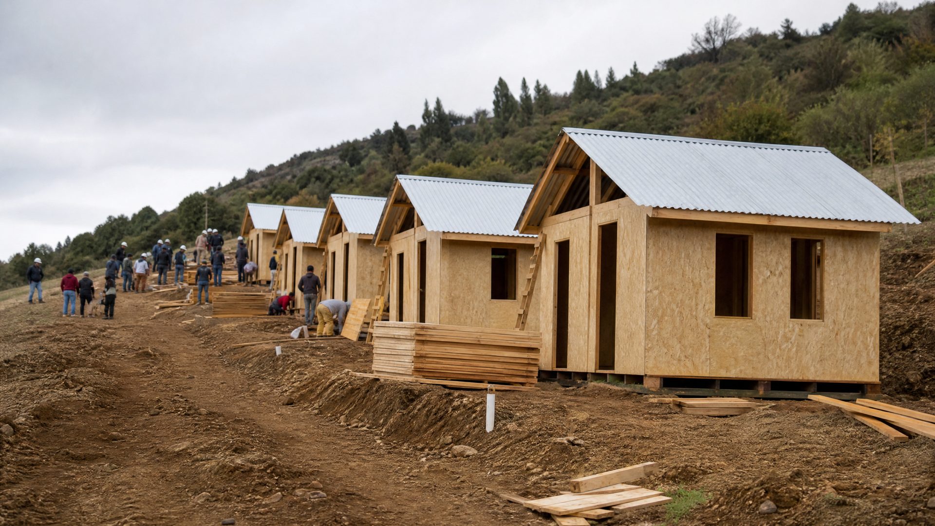 de viviendas de emergencia en construcción o de trabajo comunitario. No mostrar rostros de damnificados sin autorización.