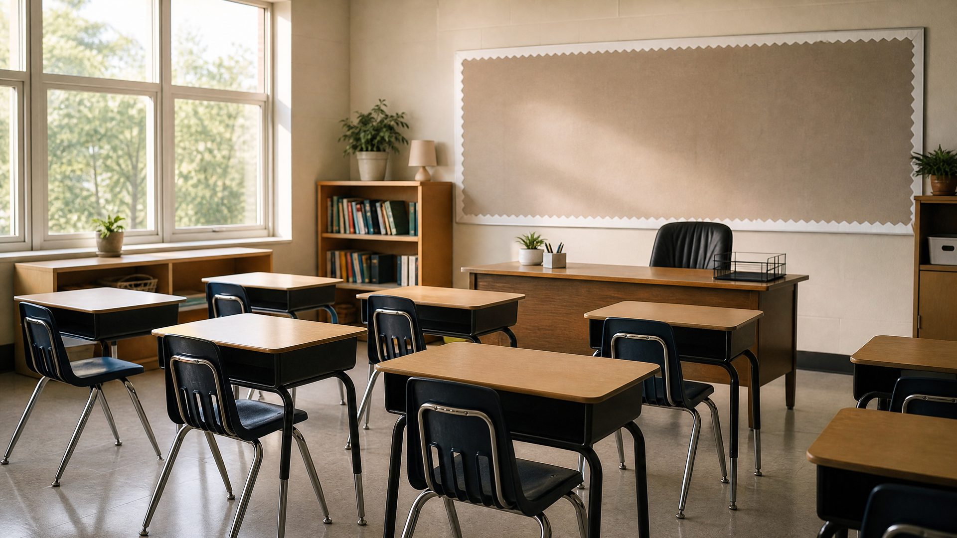 de un aula vacía o de un entorno escolar. No mostrar menores identificables.