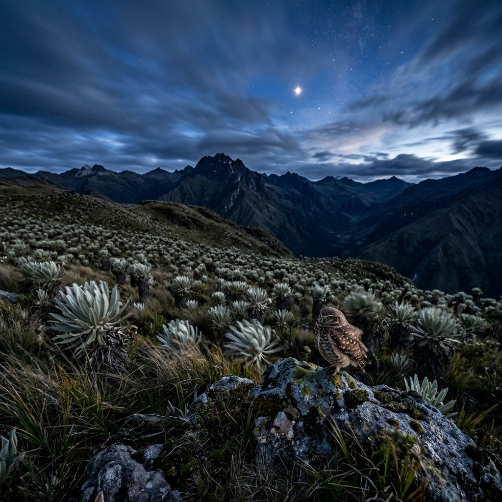 Small owl perched on a lichen-covered rock among Andean frailejones