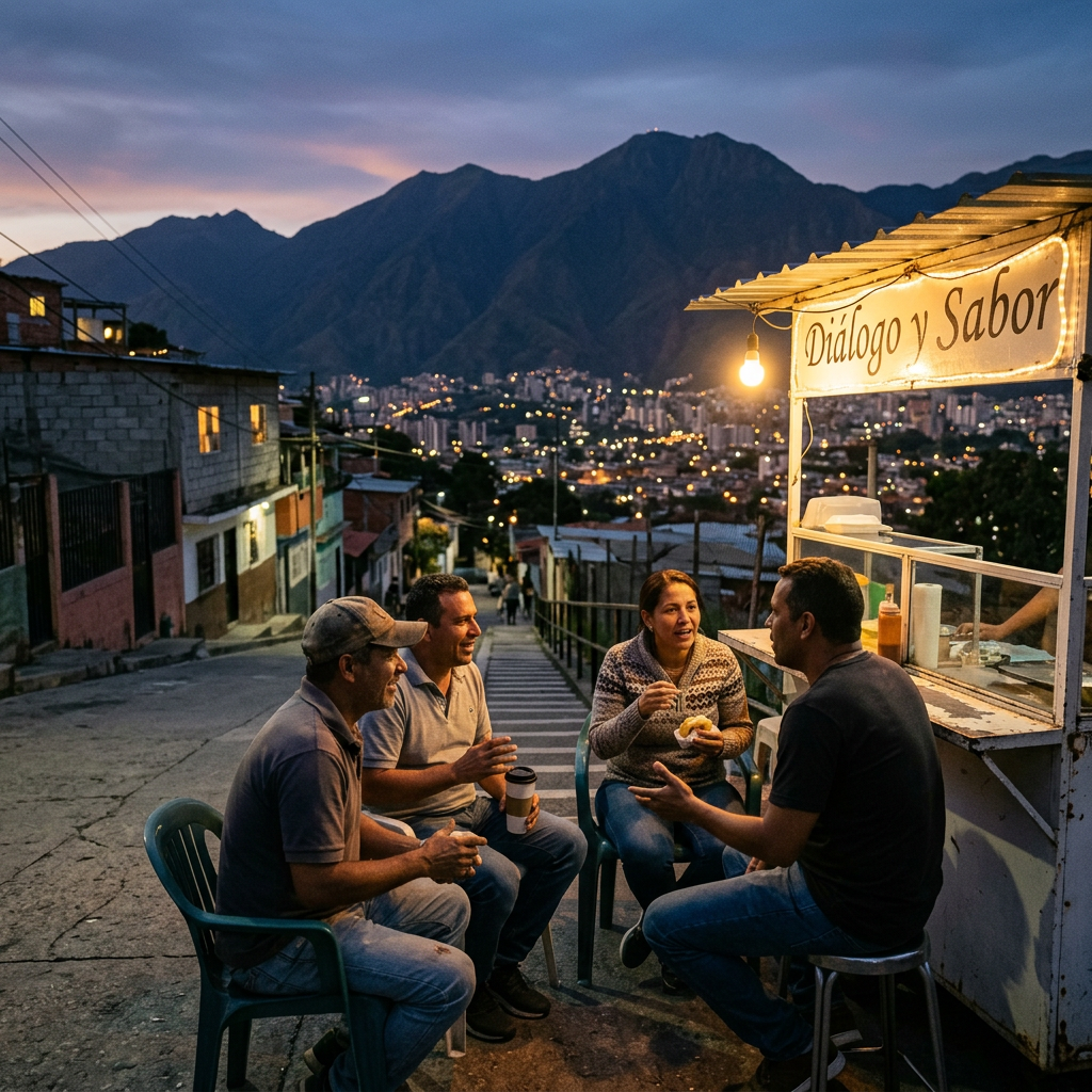 Four people socialize beside a food stall labeled “Diálogo y Sabor,” overlooking a lit city and mountains.