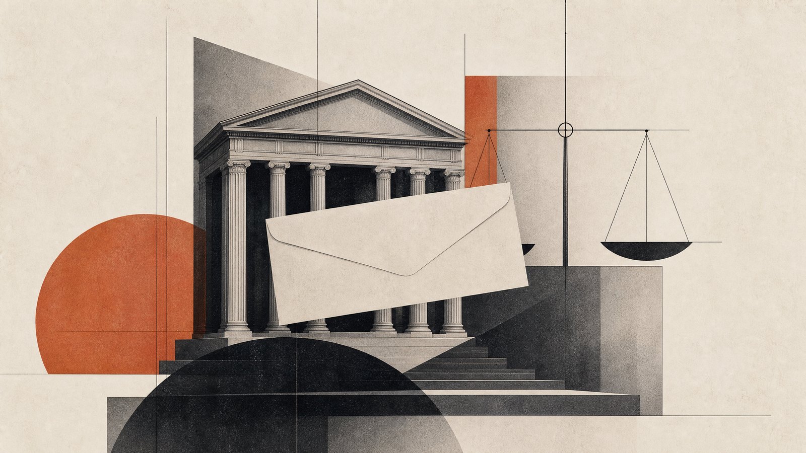 Ilustración conceptual sobre un tribunal, sobres electorales y voto por correo.