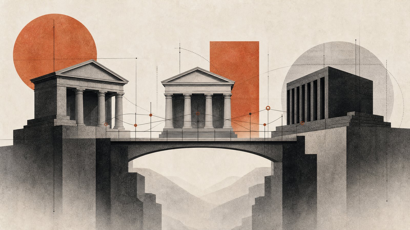Ilustración conceptual sobre puentes institucionales y financiamiento.