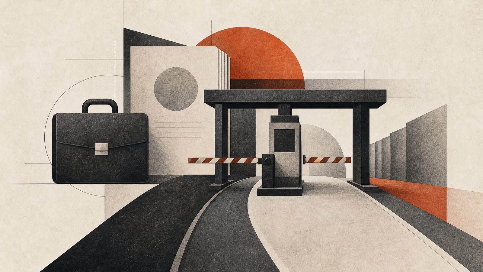 Ilustración conceptual sobre movilidad laboral, visas y una barrera de costos.