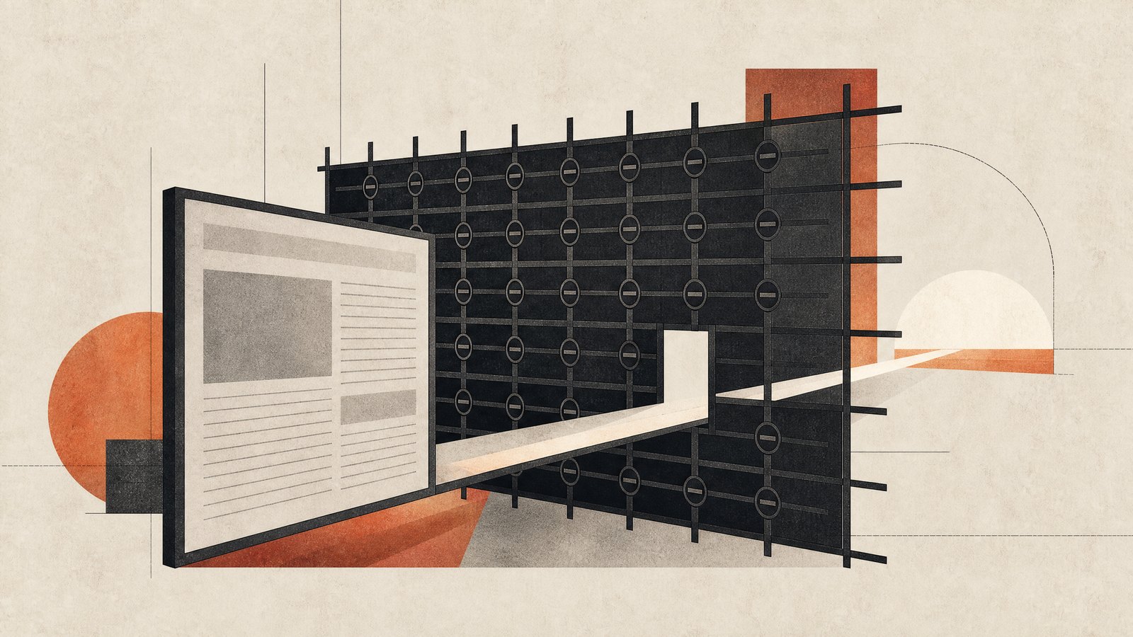 Ilustración conceptual sobre prensa digital y bloqueo de señal.