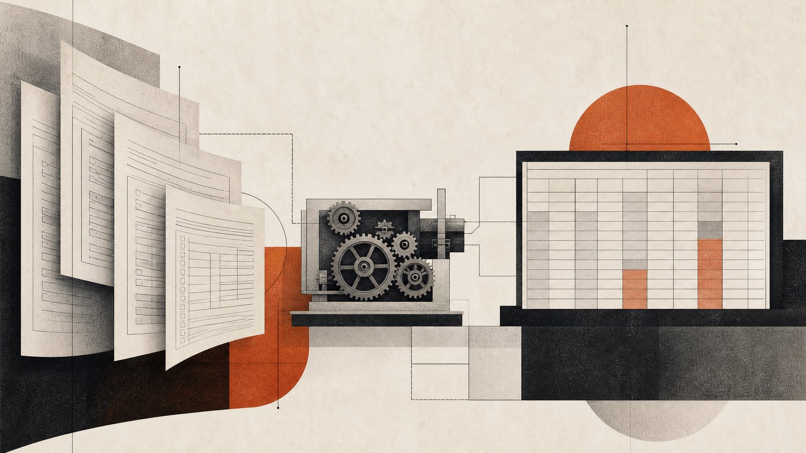 Ilustración conceptual sobre formularios y un sistema tributario automatizado.