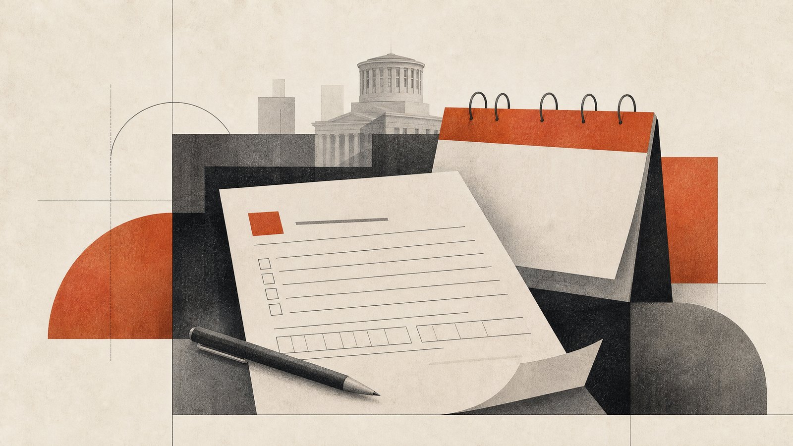 Ilustración conceptual sobre registro de votantes y calendario cívico en Ohio.