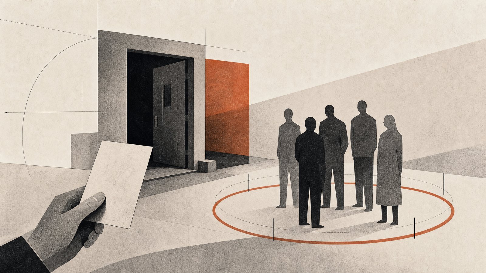 Ilustración conceptual sobre derechos laborales y una puerta de trabajo protegida.