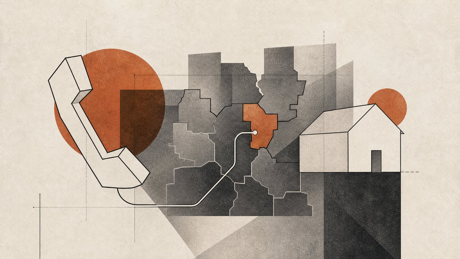 Ilustración conceptual sobre vivienda, municipio y orientación telefónica.