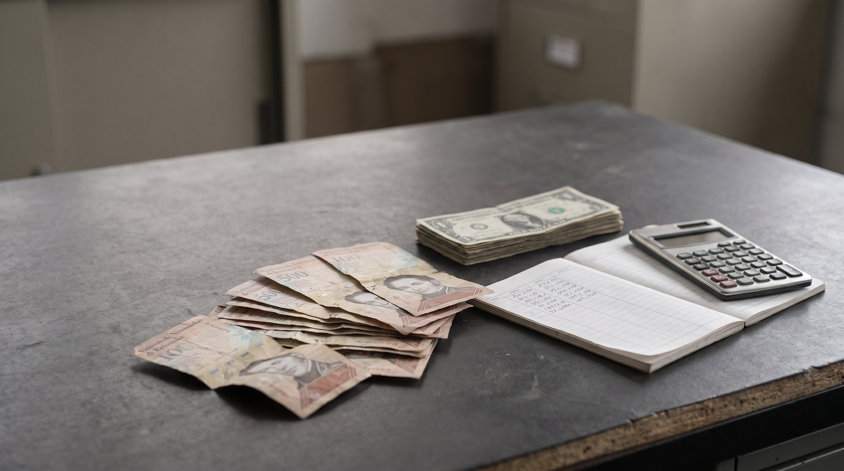 Billetes venezolanos y dólares sin marcas visibles junto a un cálculo financiero, como imagen editorial sobre dolarización.