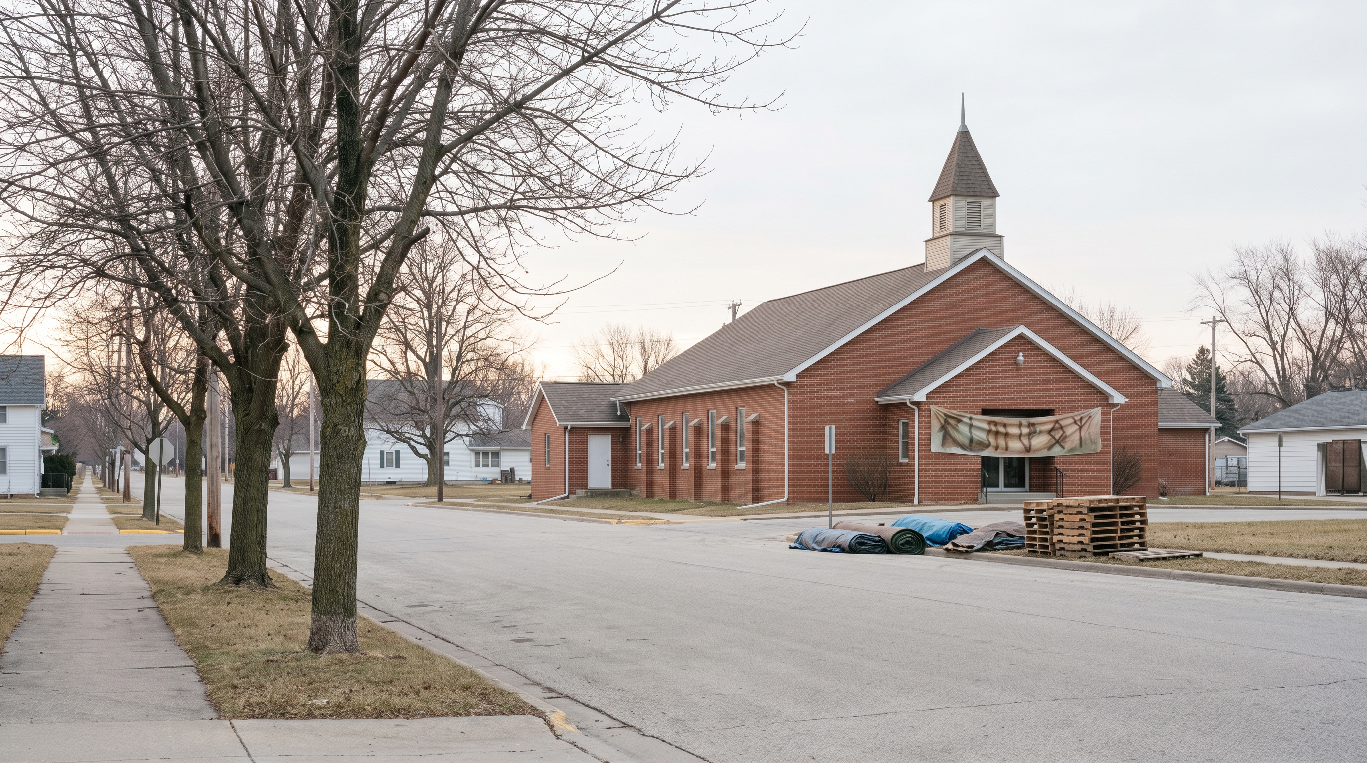 Calle residencial y exterior de iglesia en una comunidad de Ohio, sin personas identificables.