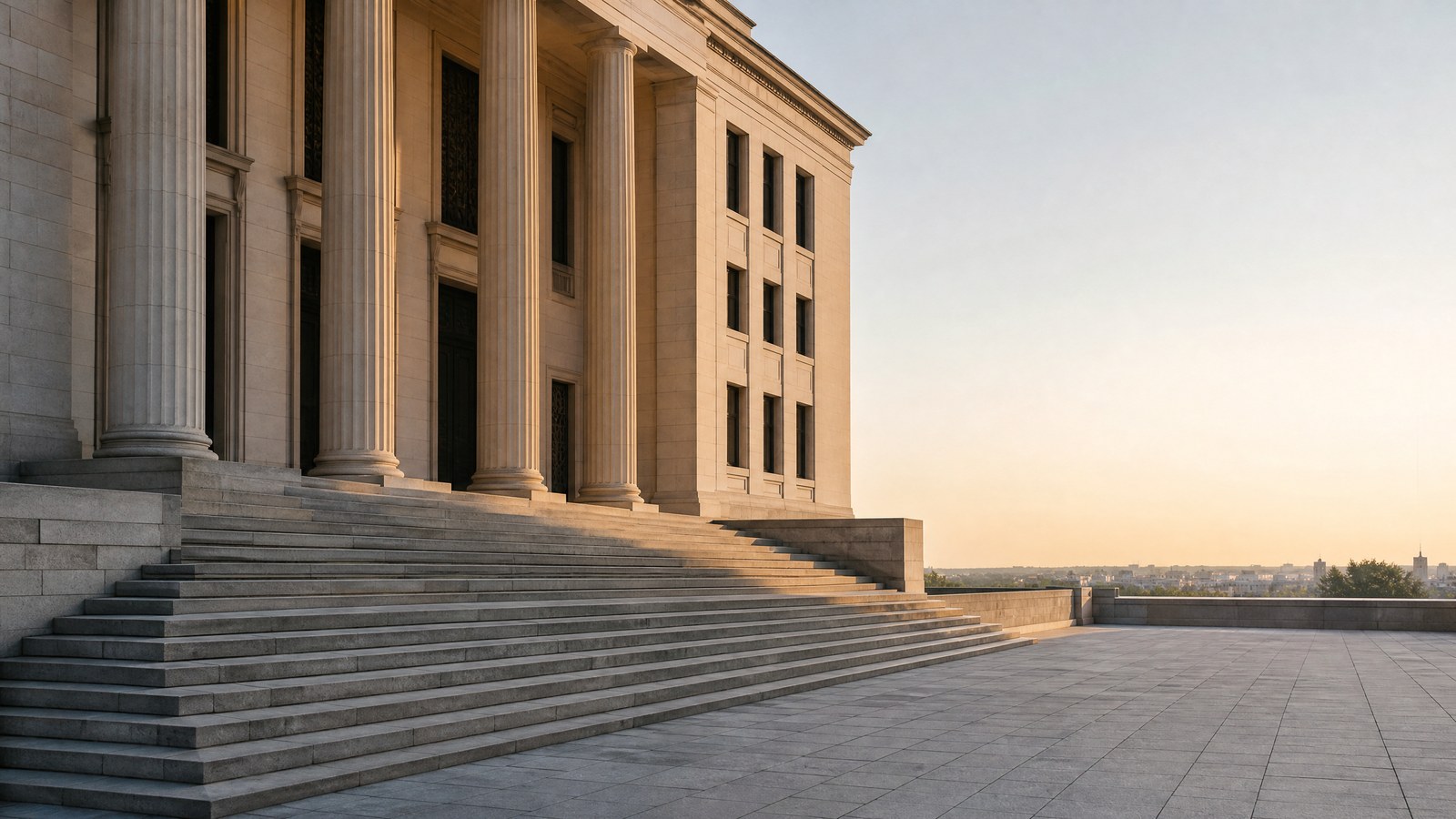 Edificio institucional sobrio con escalinata y columnas, sin personas identificables.