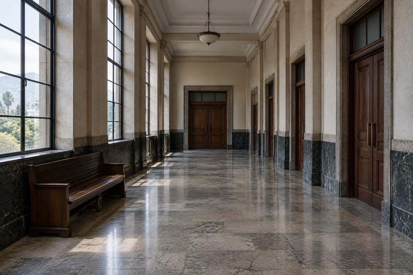 Pasillo de tribunal vacío como recurso editorial para una nota judicial.