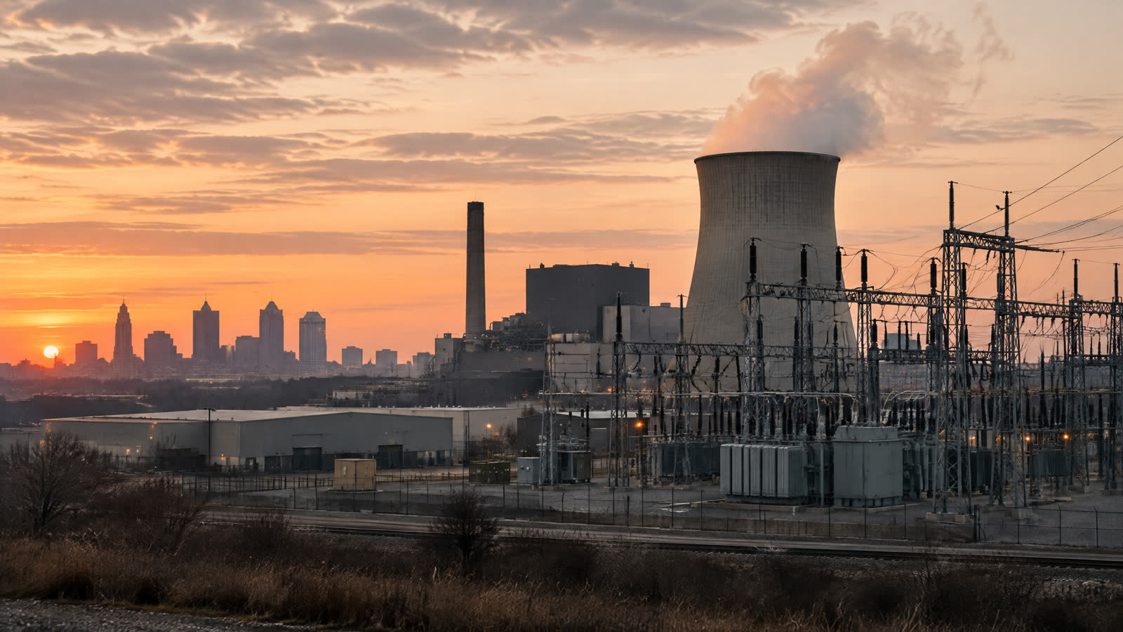 Foto editorial de infraestructura eléctrica, una torre de enfriamiento o una nave industrial. Sin marcas de empresas.