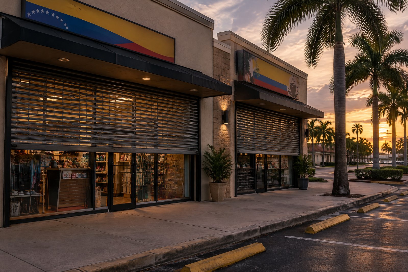 Locales comerciales con persianas bajas como recurso editorial para una nota sobre Doral.