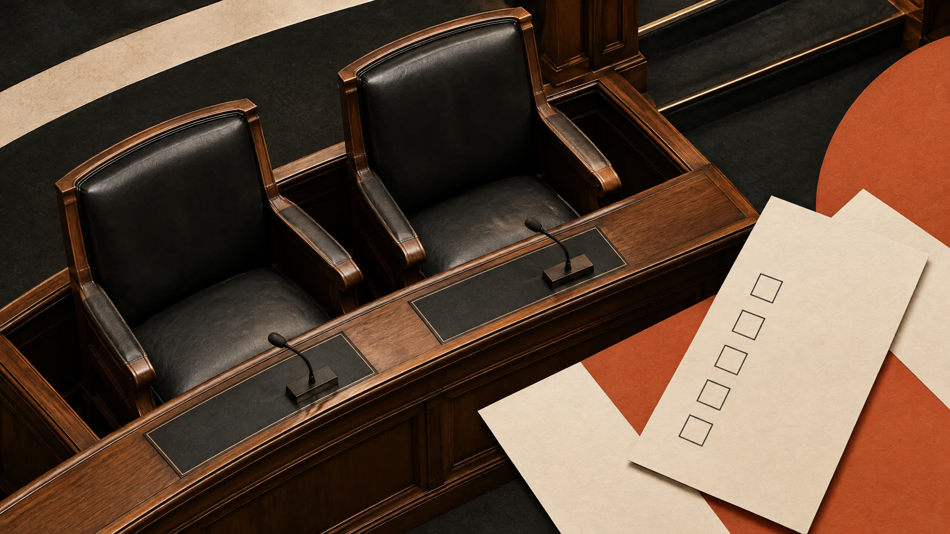 Foto editorial de un centro de votación vacío o de una sede legislativa. Nunca retratos de candidatos.