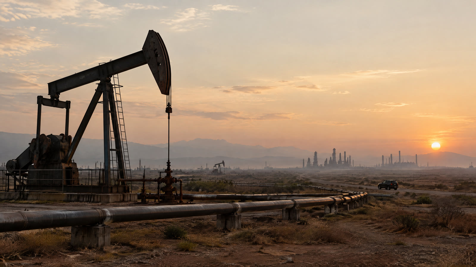 Foto editorial de instalaciones petroleras en la Faja del Orinoco o balancines en el lago de Maracaibo, archivo.
