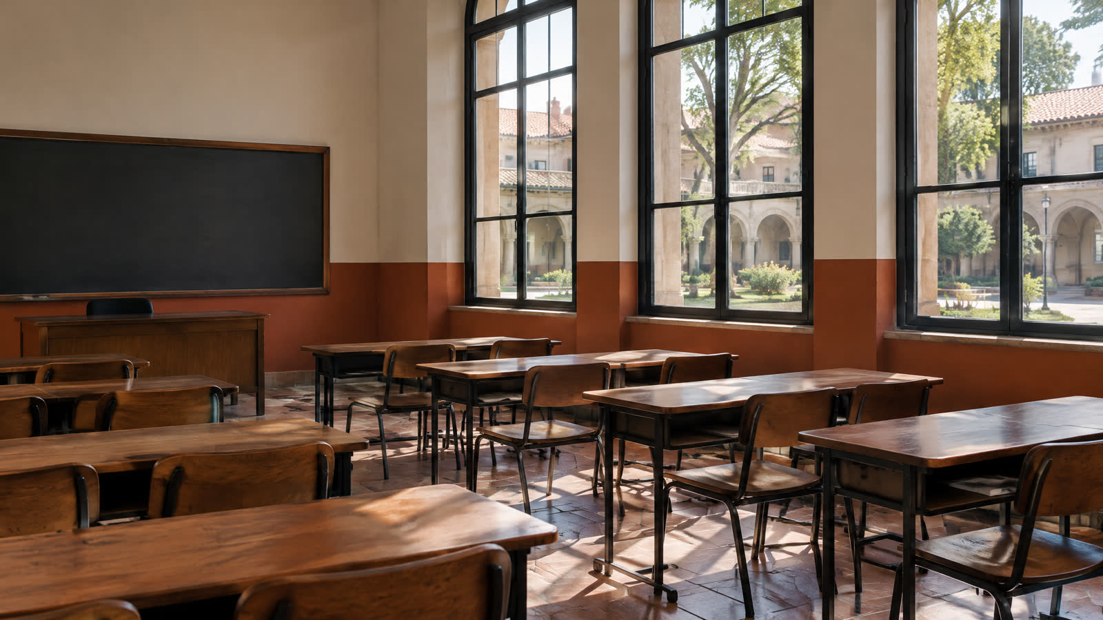 Foto editorial de un campus universitario o de un aula vacía. Sin personas identificables.