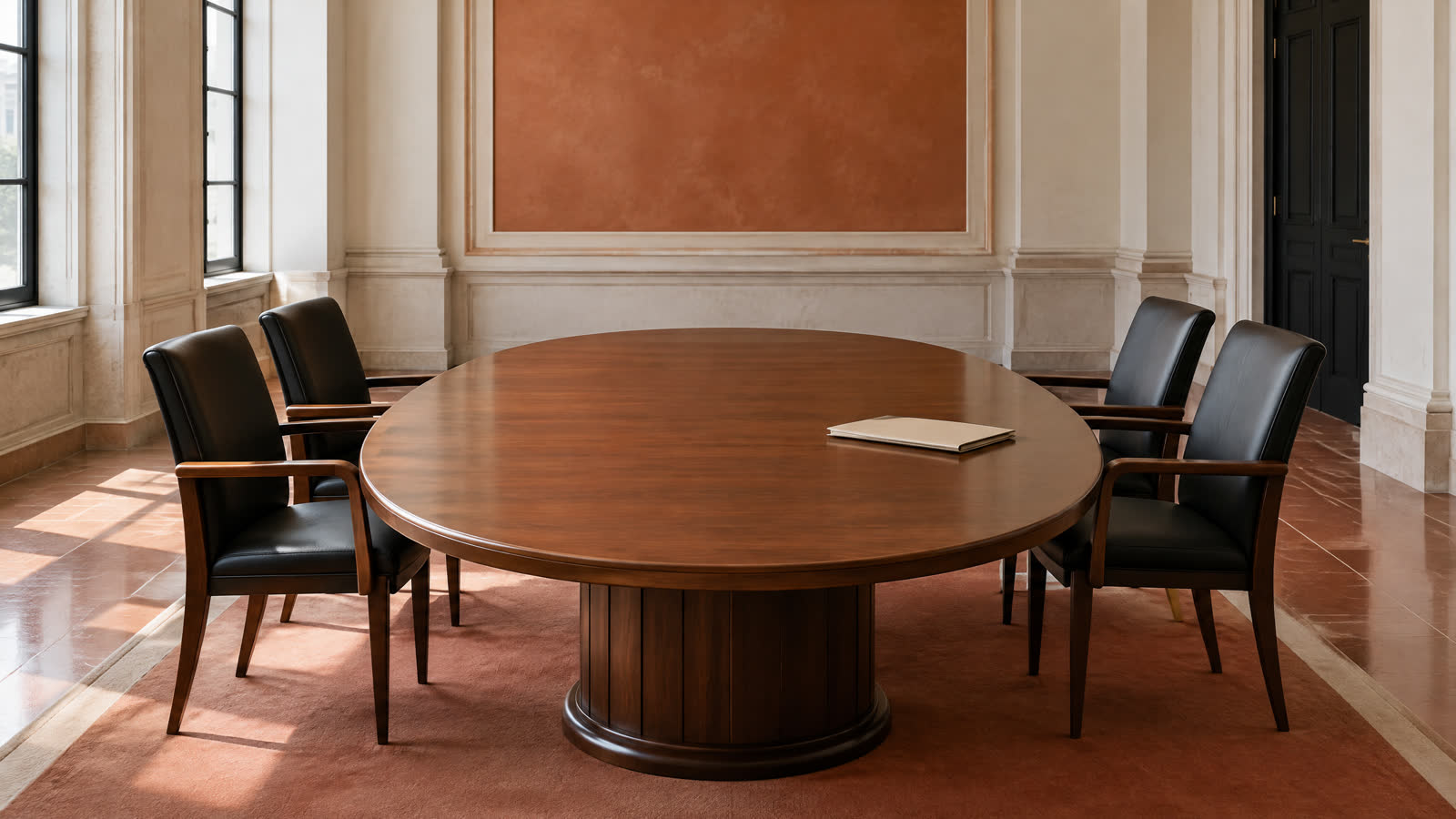 Foto editorial de una sala de reuniones vacía o de una sede institucional. Sin retratos de negociadores.