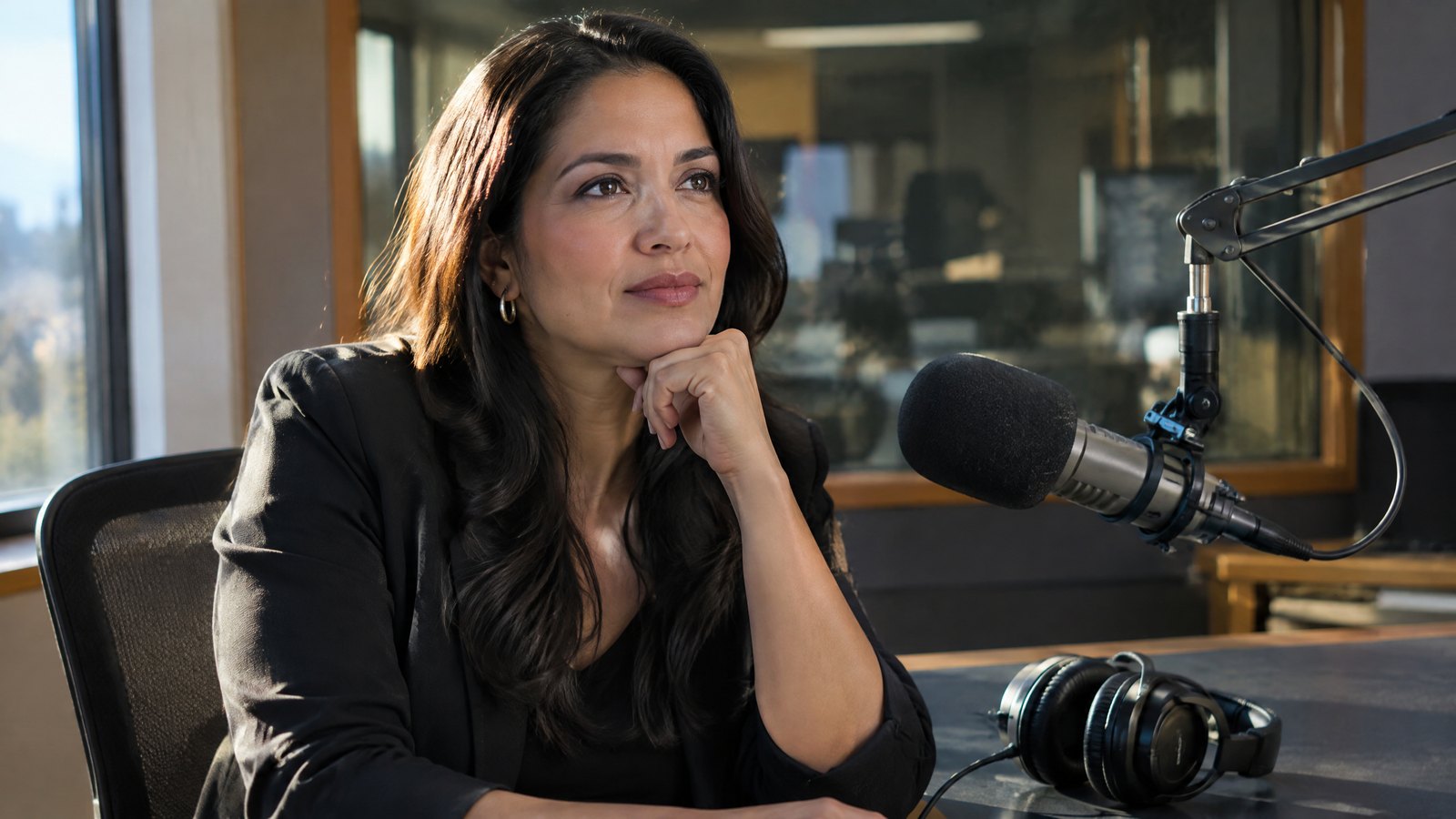 Retrato editorial de María Hinojosa en un estudio de radio.