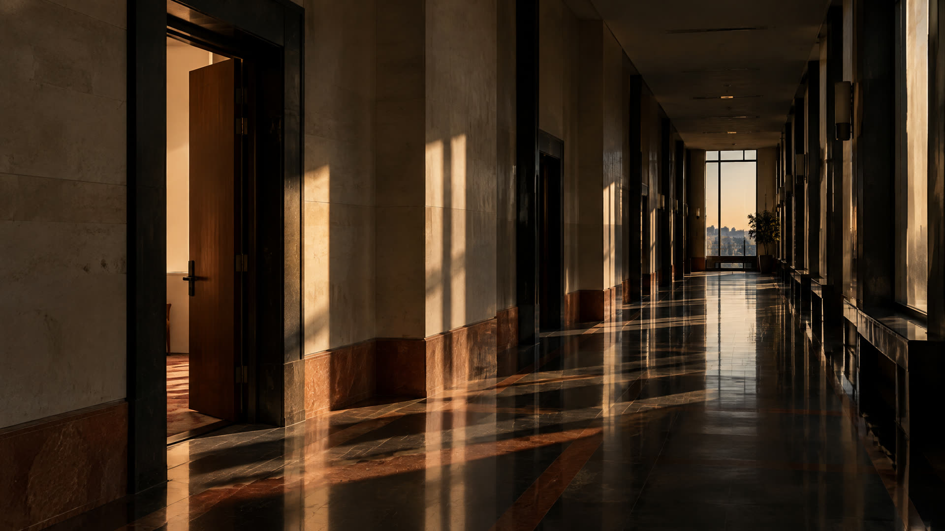 Foto editorial sobria. Un pasillo institucional, una sala vacía, una alfombra. Nunca retratos de mandatarios, nunca banderas, nunca apretones de manos de archivo.