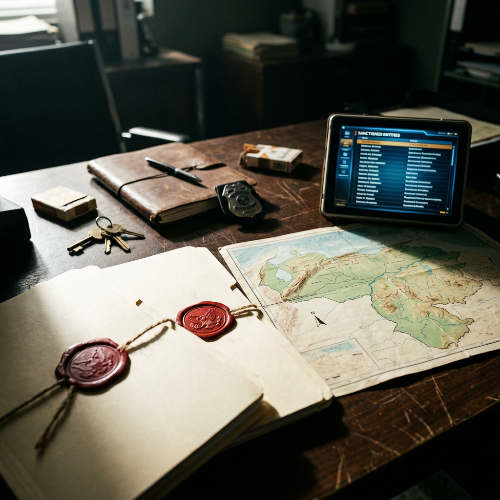 Desk with maps, wax-sealed letters, keys, notebook, and tablet