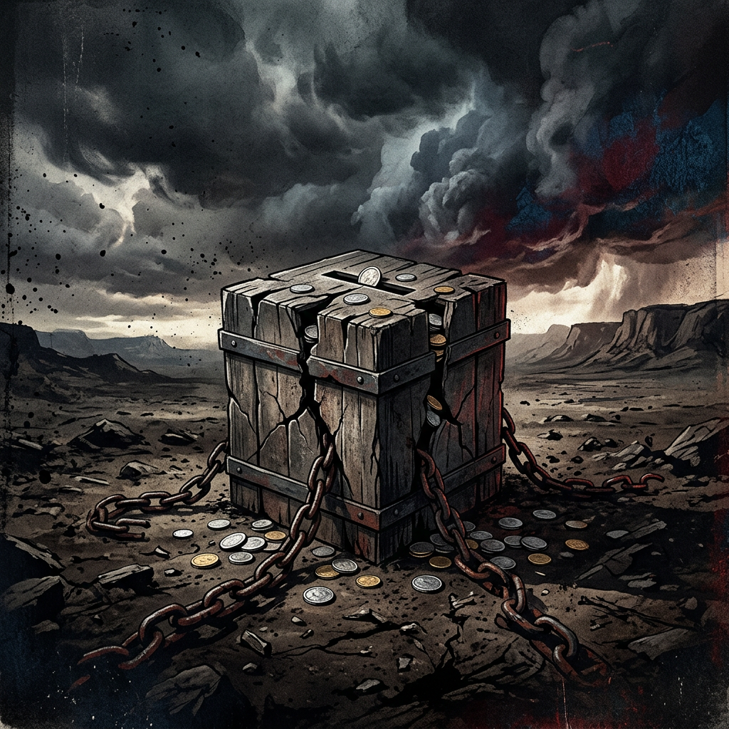 Cracked ballot box in barren landscape