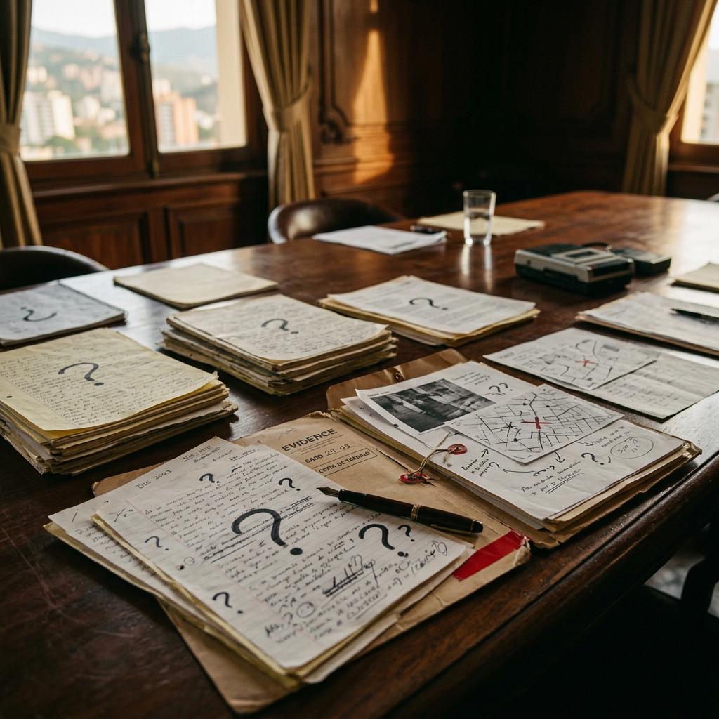 Investigation table covered with handwritten clues, maps, evidence folders, and a pen