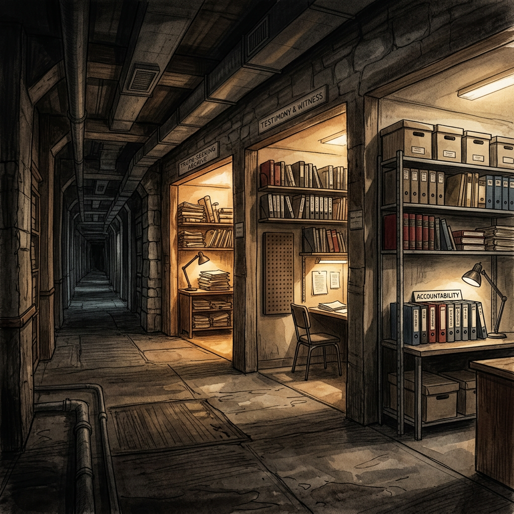 Illustrated archive corridor labeled Truth-Seeking Archive, Testimony & Witness, and Accountability
