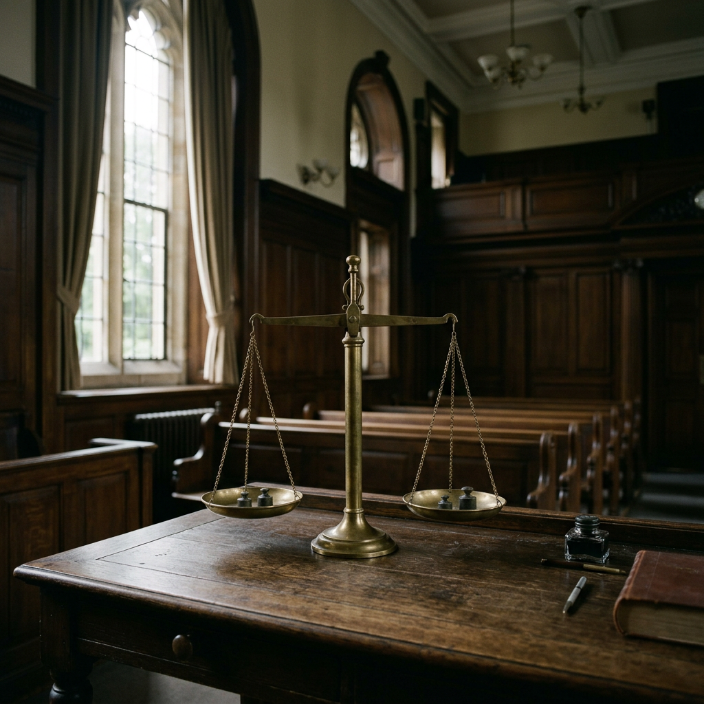 Brass balance scale on a wooden desk inside a historic courtroom