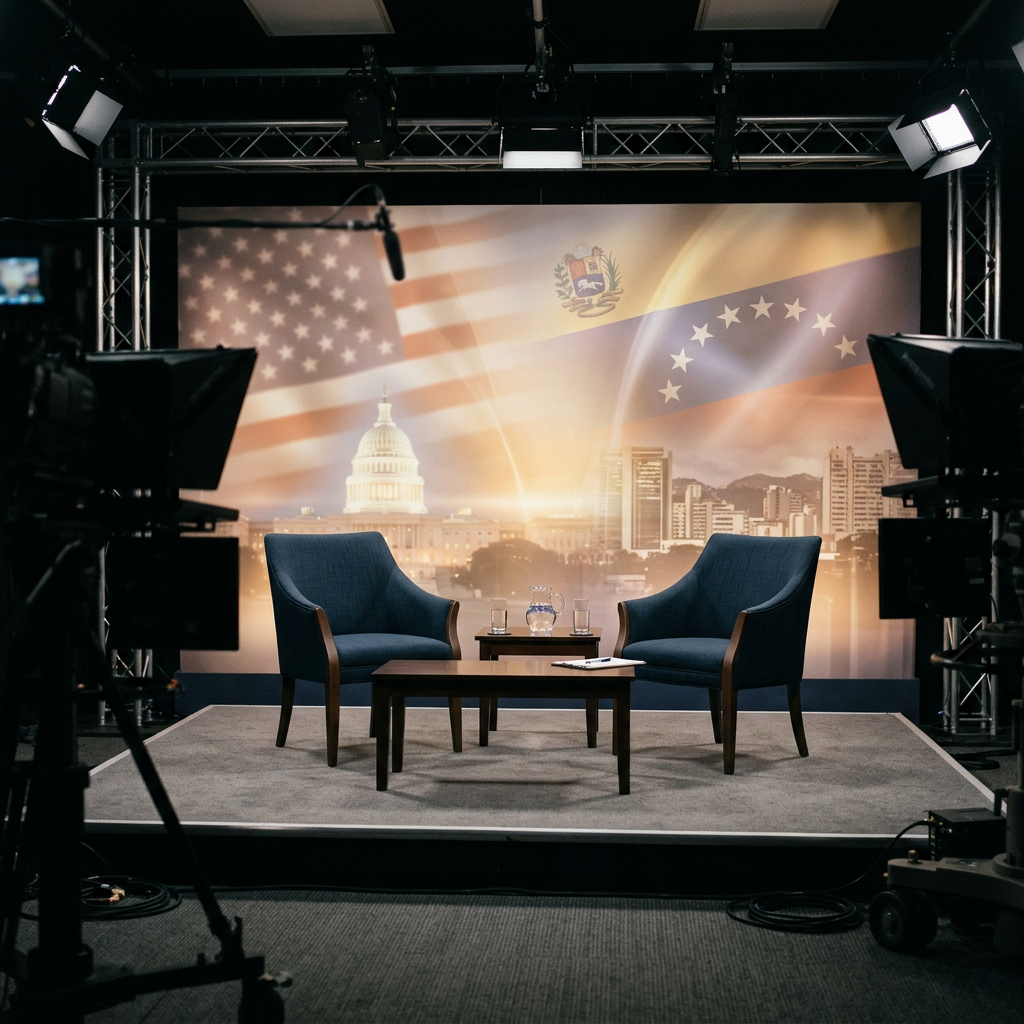 Empty television interview set with two chairs, table, cameras, and national-symbol backdrop