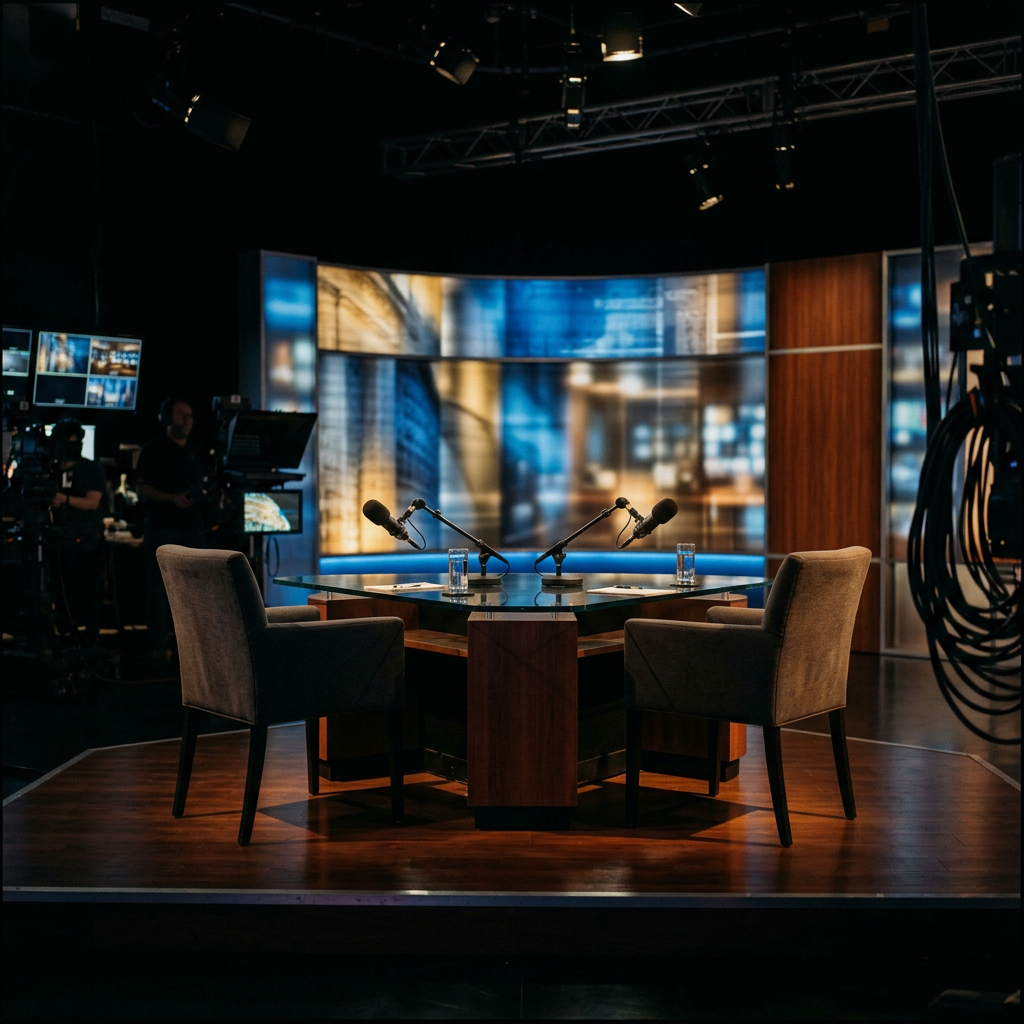 Empty political interview set with microphones