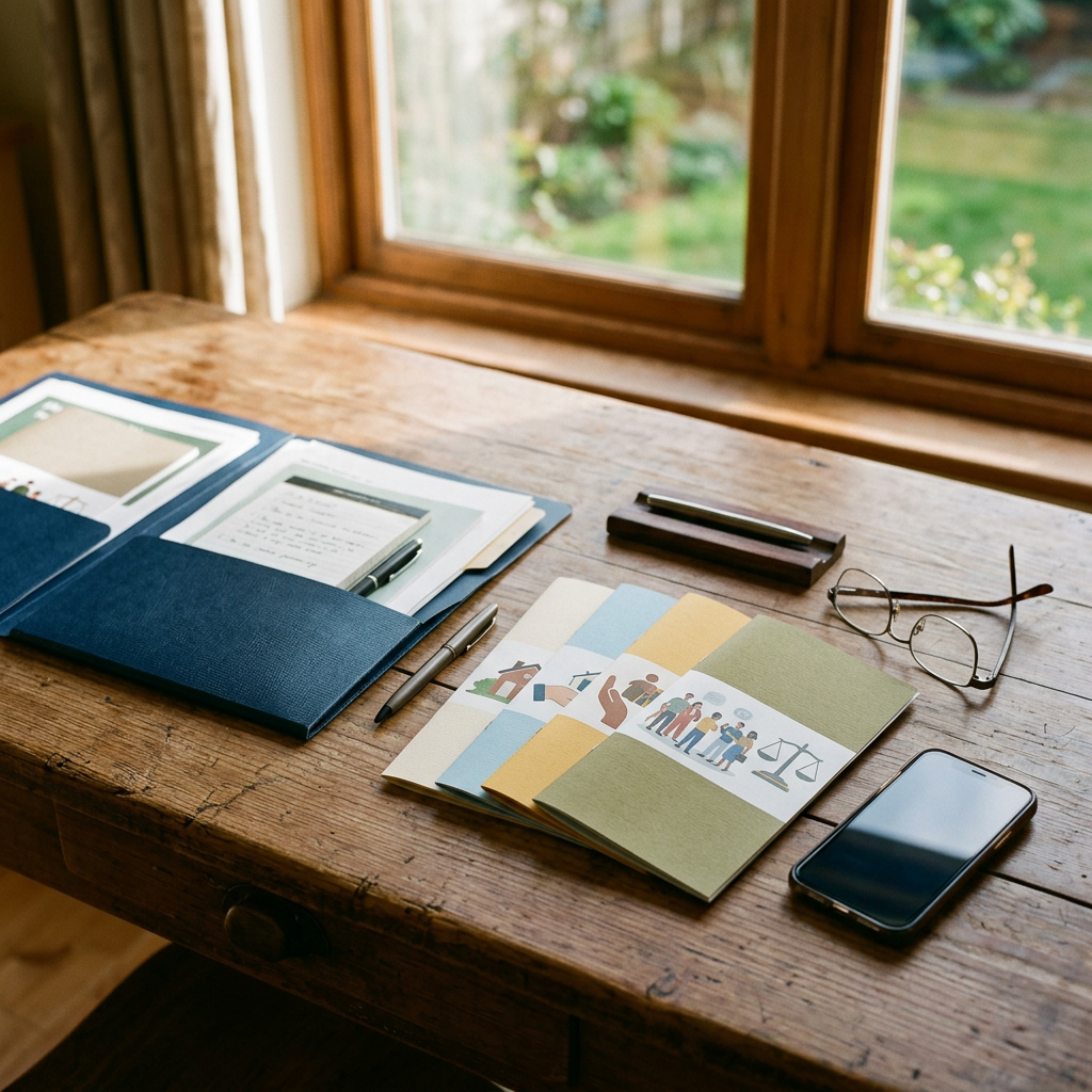 Sunlit wooden desk with planning papers, illustrated booklet, glasses, pens, and smartphone