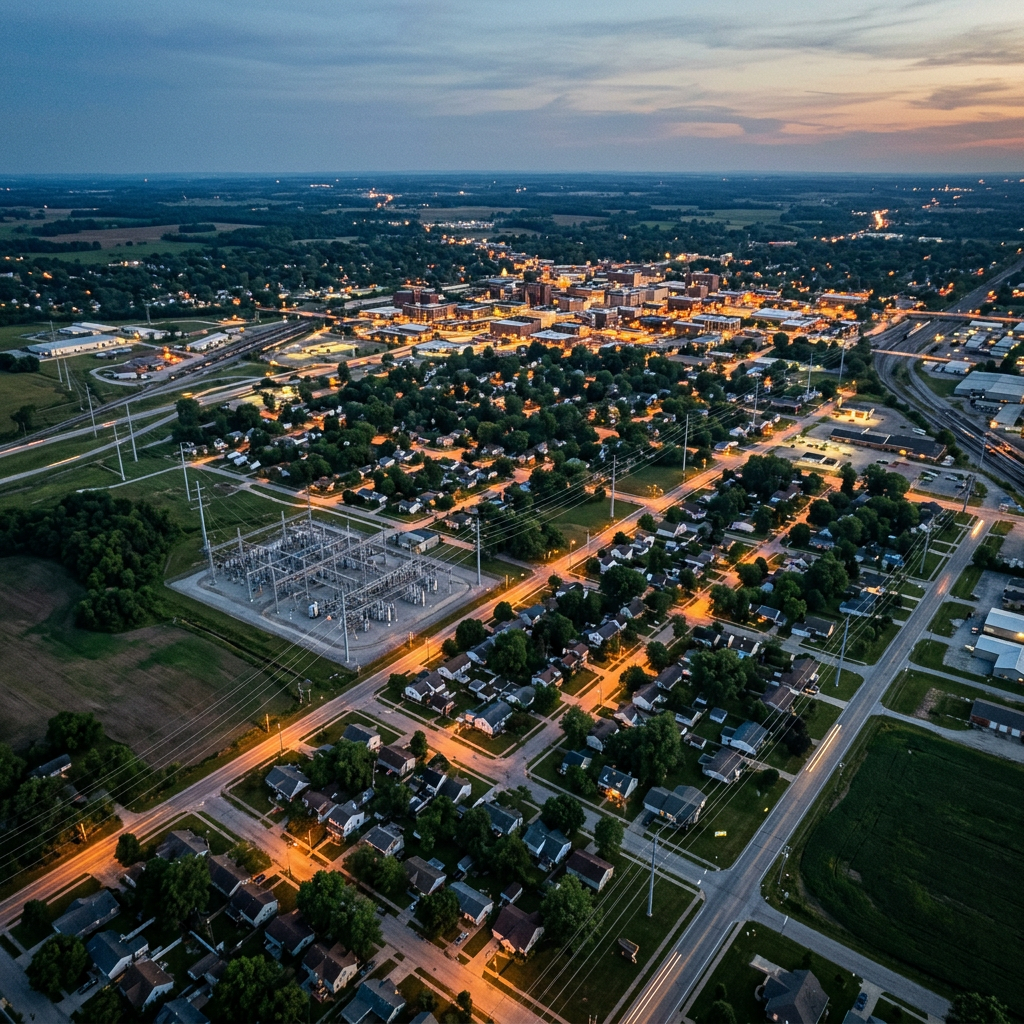 Aerial view of a city, neighborhoods, highways, and power substation at dusk