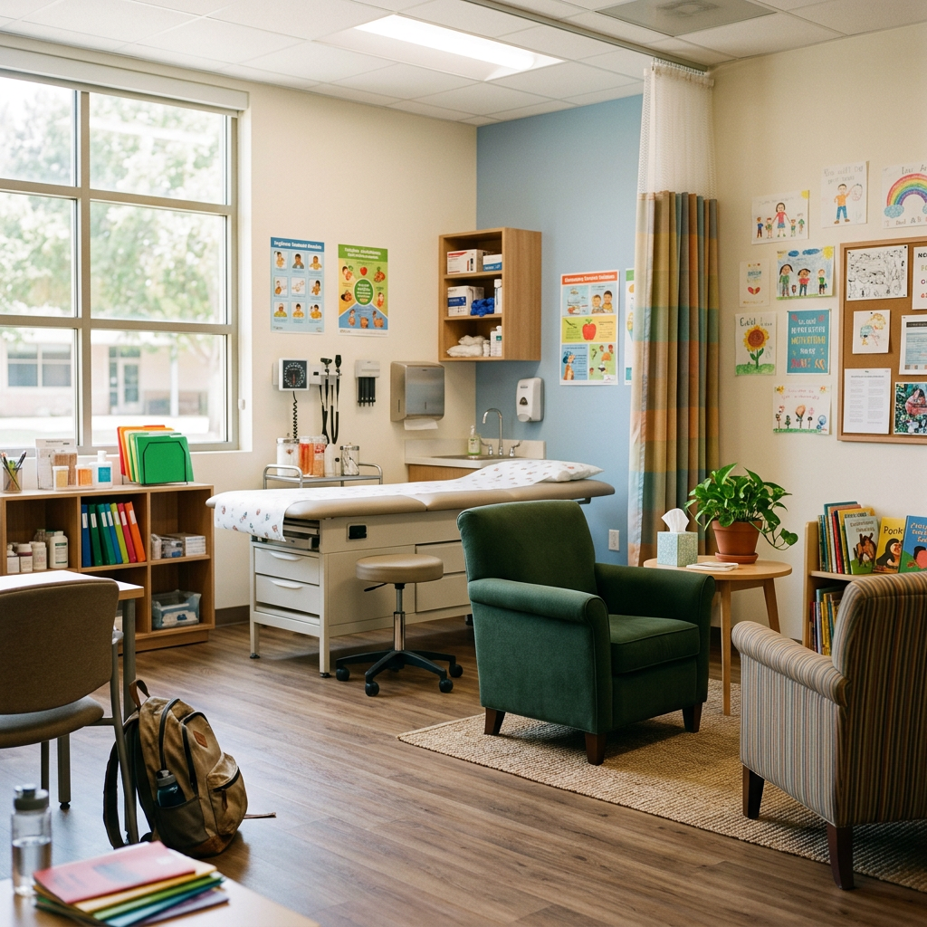 Bright pediatric clinic examination room with exam table, seating, books, and children’s artwork