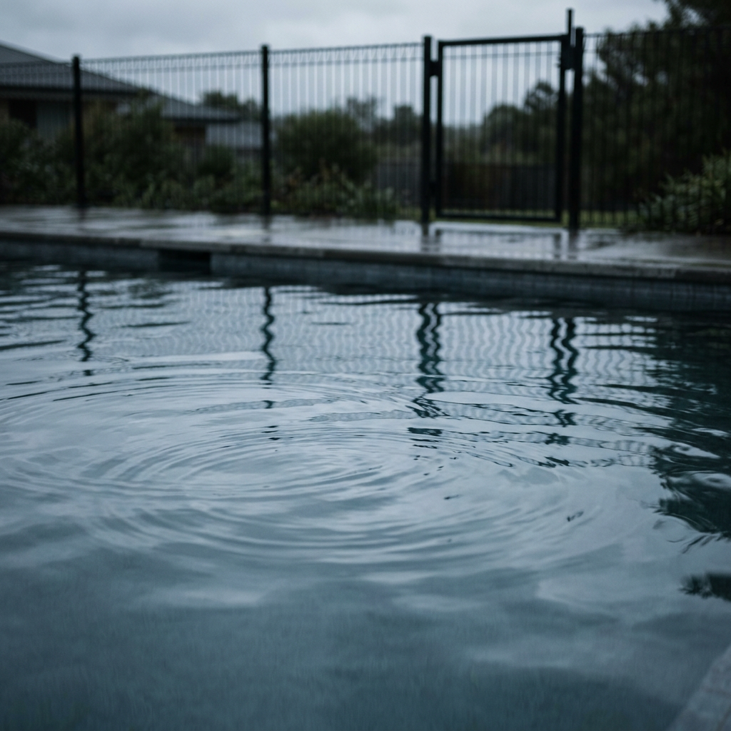 Rain-dappled pool reflecting a black metal fence and cloudy sky