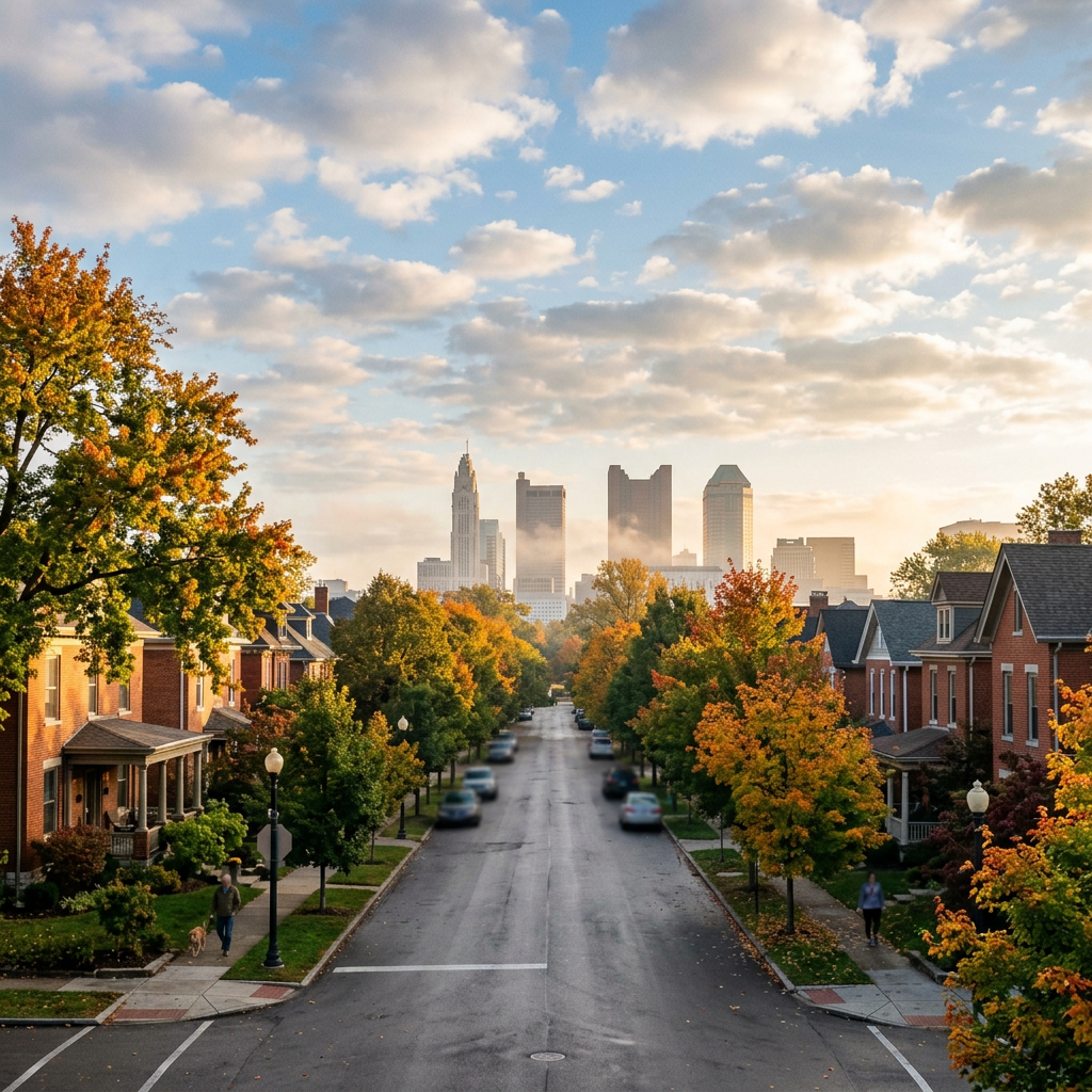 Tree-lined residential street with autumn foliage and downtown skyline