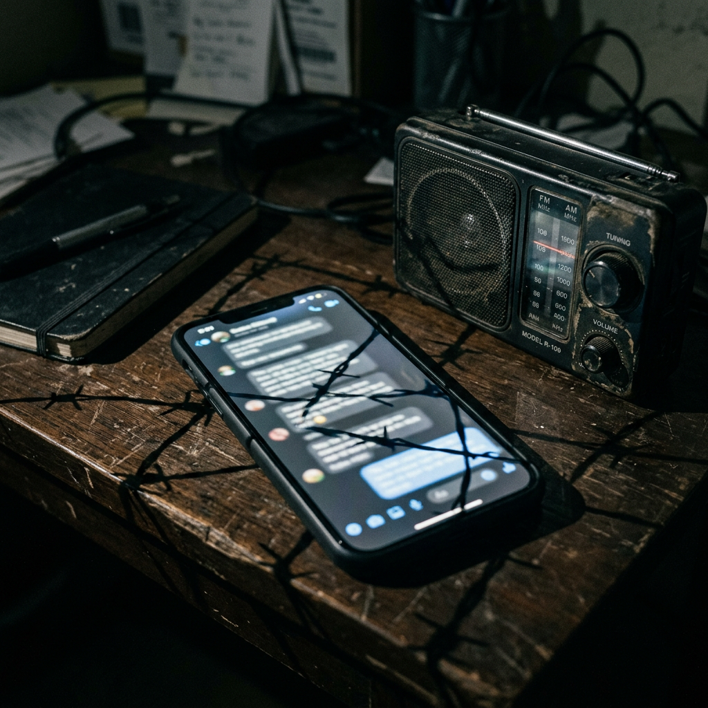Vintage portable radio and smartphone on a worn wooden desk