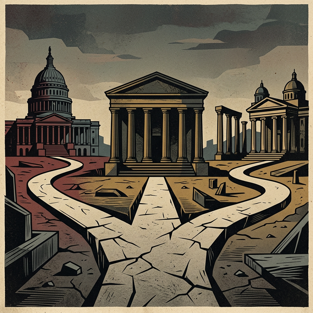 Stylized scene of domed government buildings and classical temples beside cracked paths